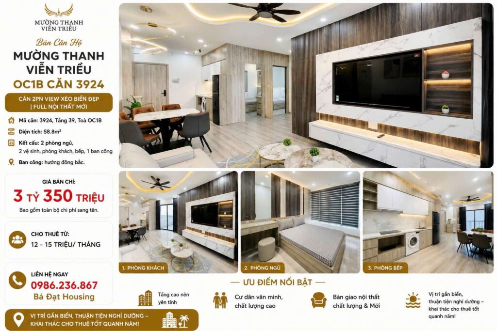 Căn Hộ Mường Thanh Viễn Triều OC1B Căn 3924 – Nội Thất Mới 100%, Tầng 39 View Biển Giá 3.35 Tỷ