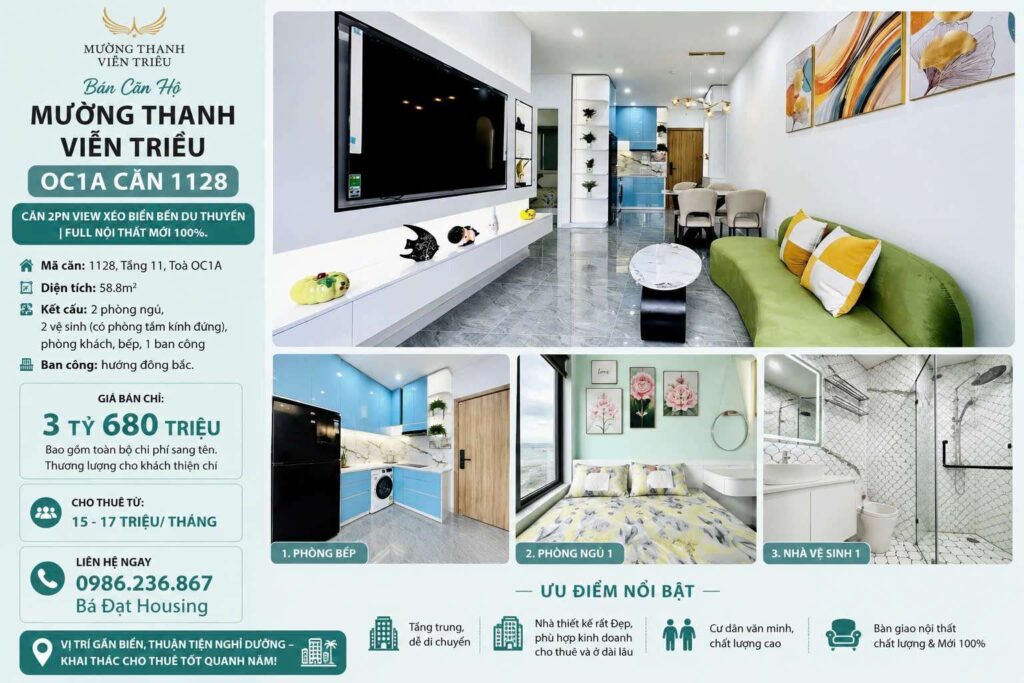 Căn Hộ Mường Thanh Viễn Triều OC1A Căn 1128 – View Biển Đẹp 2PN Giá 3.68 Tỷ