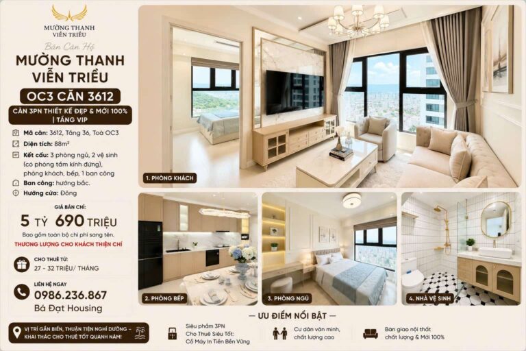 Căn Hộ Mường Thanh Viễn Triều OC3 Căn 3612 – Căn Góc 3PN Tân Cổ Điển Tầng VIP Giá 5.69 Tỷ
