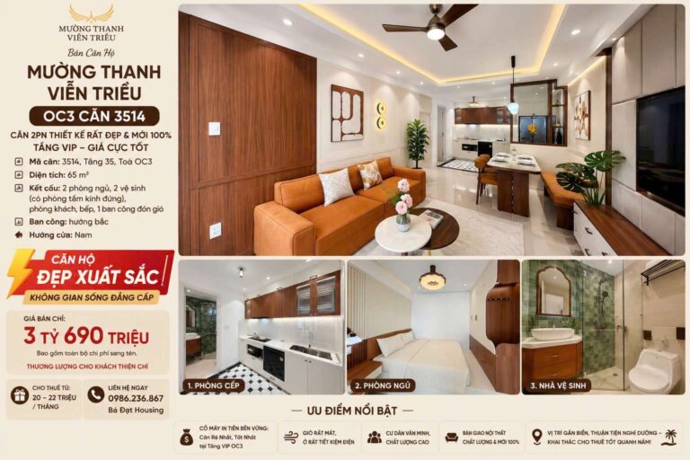 Căn Hộ Mường Thanh Viễn Triều OC3 Căn 3514 | Tầng VIP 35 | 2PN 65m² Full Nội Thất Mới | Giá Tốt Nhất Tầng VIP OC3
