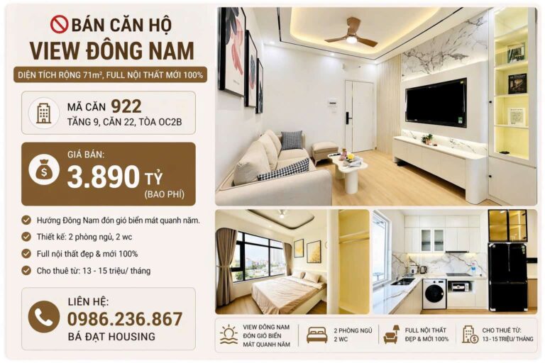 Căn Hộ Mường Thanh Viễn Triều OC2B Căn 922 – 71m² Đông Nam, Nội Thất Đẹp Giá 3.89 Tỷ