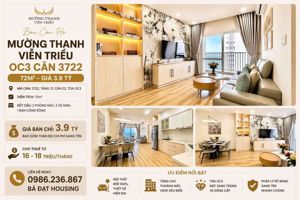 Căn Hộ Mường Thanh Viễn Triều OC3 Căn 3722 – 71m² Tầng 37 Giá 3.9 Tỷ