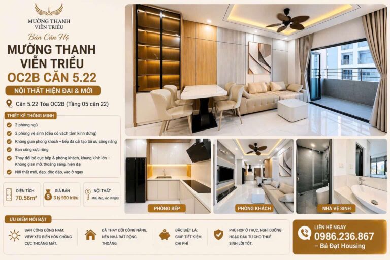 Căn Hộ Mường Thanh Viễn Triều OC2B Căn 522 – 70.56m² Đã Cải Tạo Giá 3.99 Tỷ
