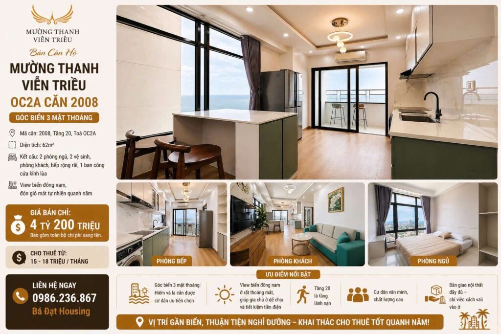 Căn Hộ Mường Thanh Viễn Triều OC2A Căn 2008 – Trục Đẹp 2PN View Biển Đông Nam Giá 4.2 Tỷ