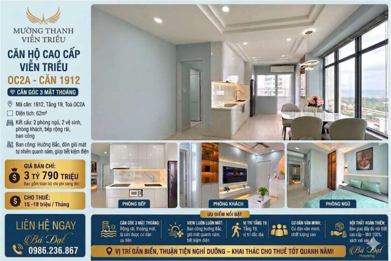 Căn Góc Mường Thanh Viễn Triều OC2A Căn 1912 | Nội Thất Mới, Giá 3.79 Tỷ