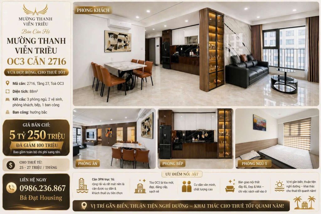 Căn Hộ Mường Thanh Viễn Triều OC3 Căn 2716 – Căn Góc 88m² View Biển Giảm 100 Triệu Chỉ 5.25 Tỷ