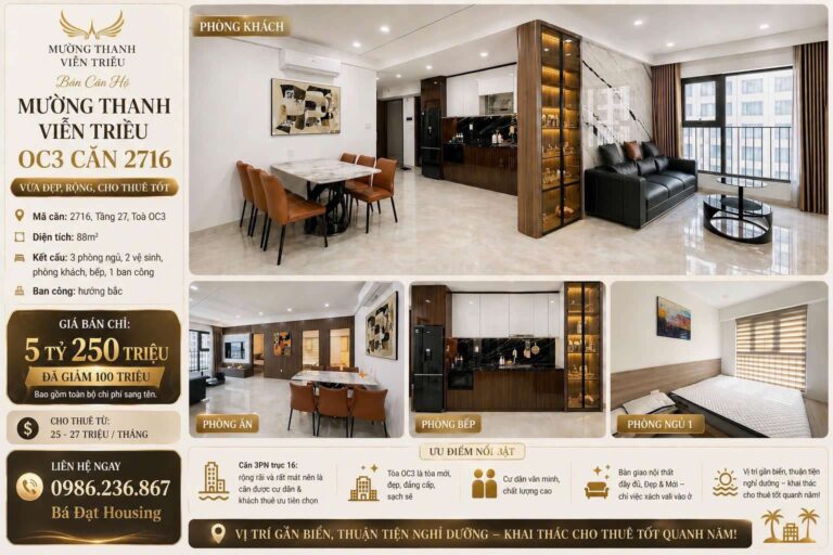 Căn Hộ Mường Thanh Viễn Triều OC3 Căn 2716 – Căn Góc 88m² View Biển Giảm 100 Triệu Chỉ 5.25 Tỷ