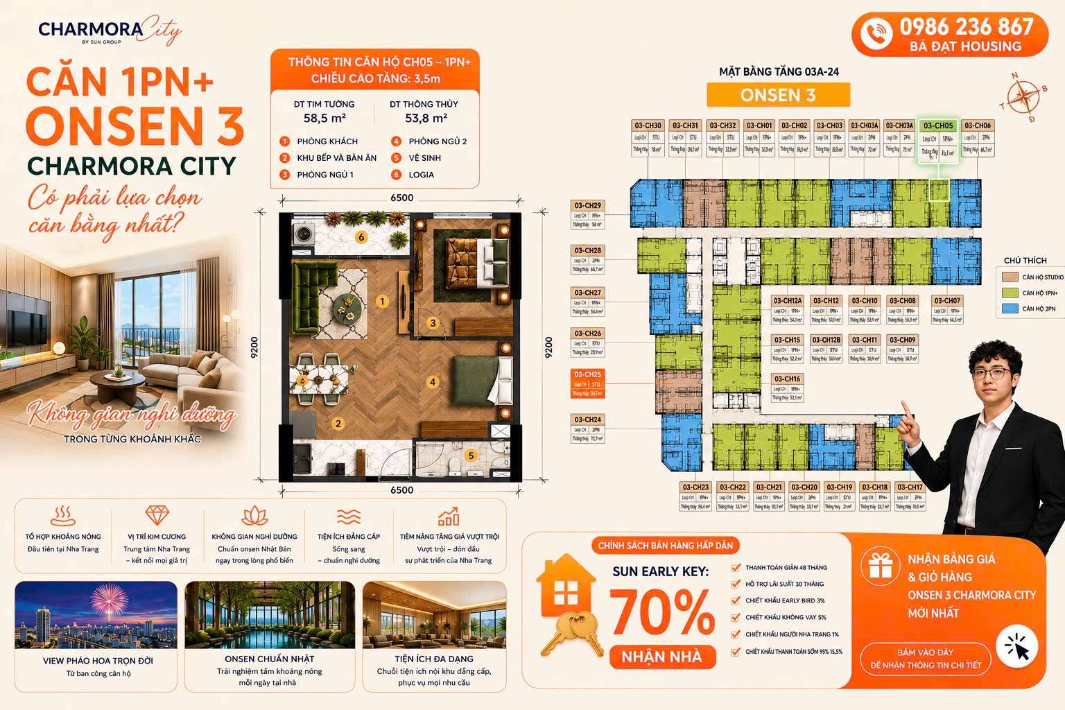 Căn hộ 1PN+ Onsen 3 Charmora City Nha Trang