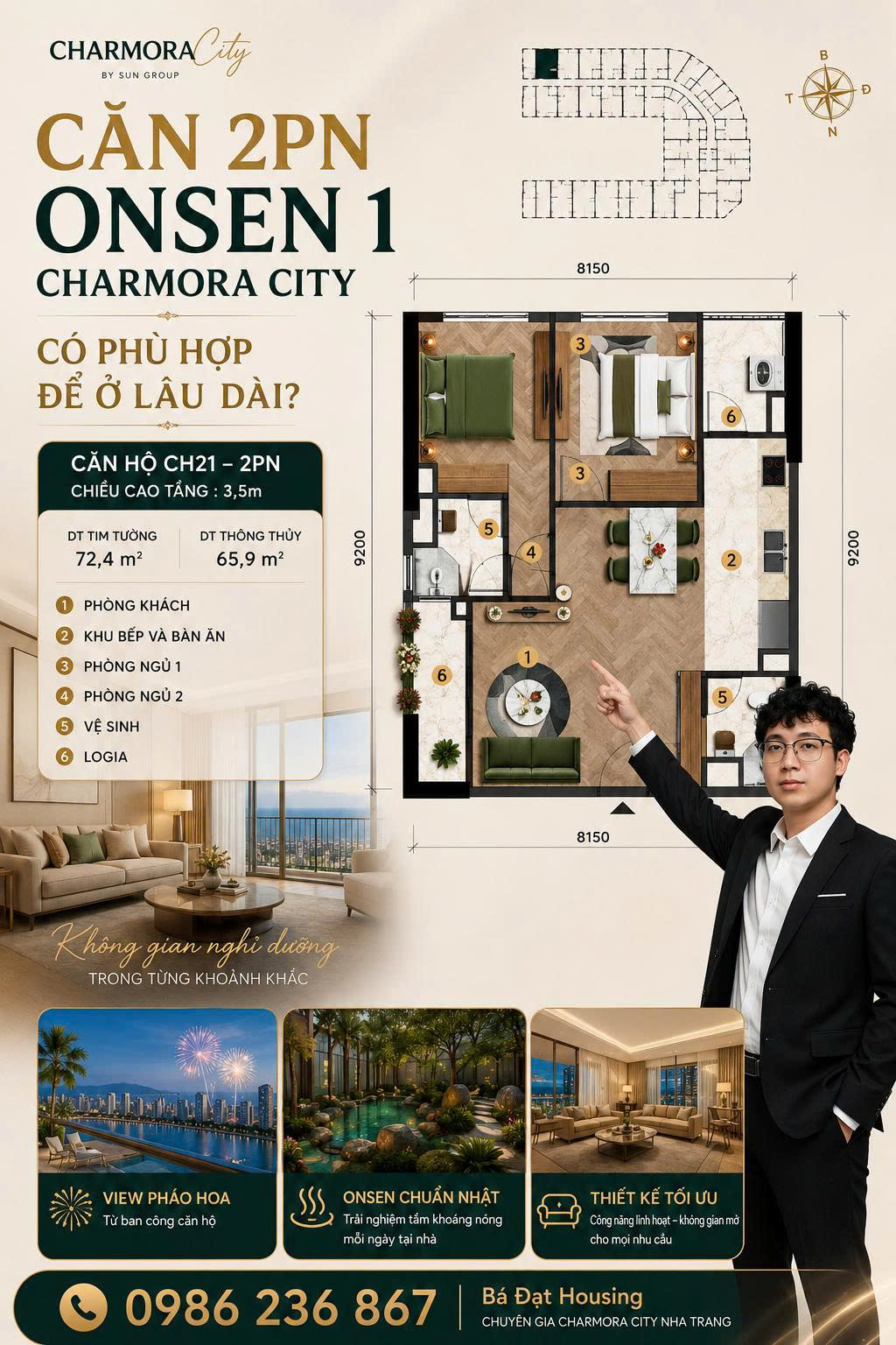 Căn hộ 2PN Onsen 1 Charmora City Đạt Housing