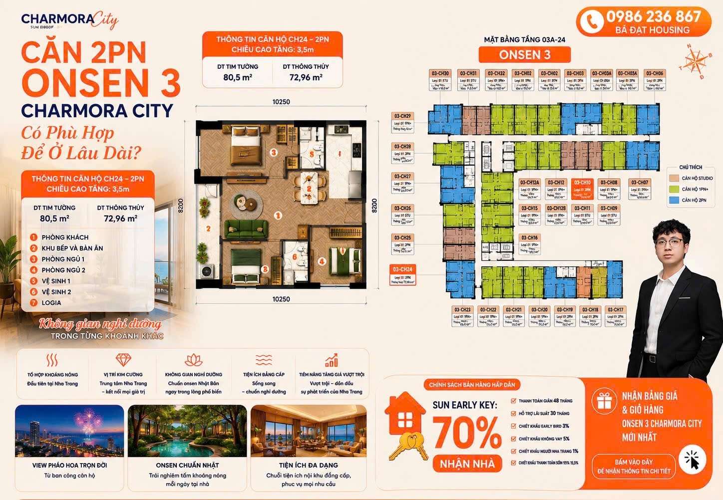 Căn hộ 2PN Onsen 3 Charmora City Nha Trang