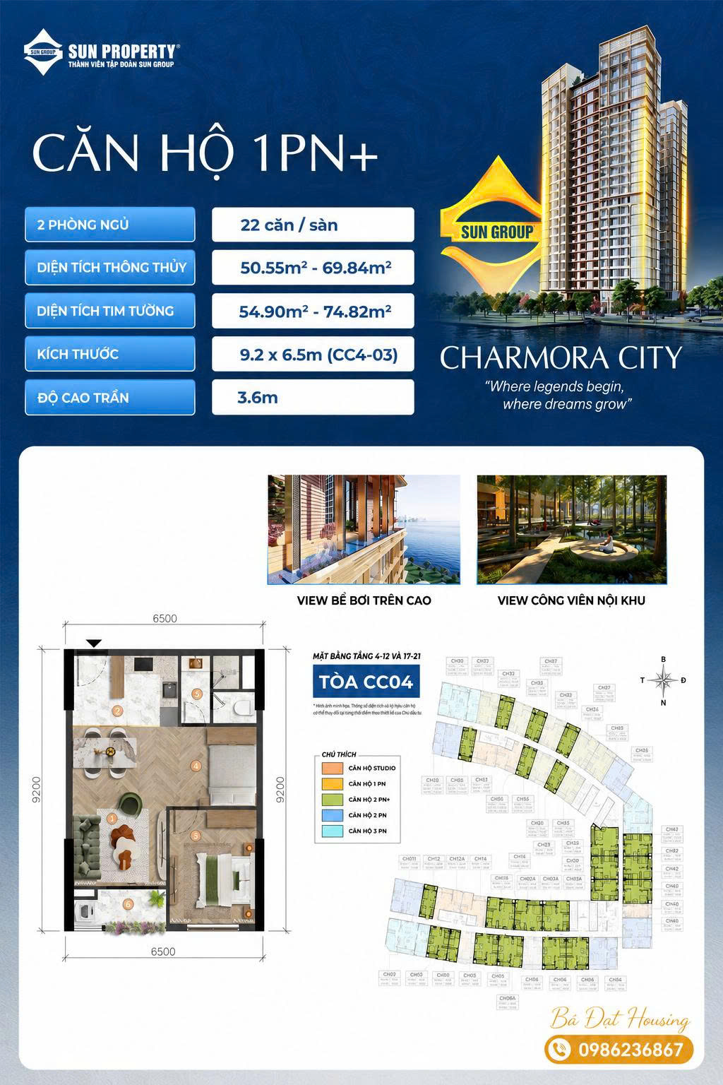 Thiết kế Layout căn hộ 1PN + Charmora City Nha Trang