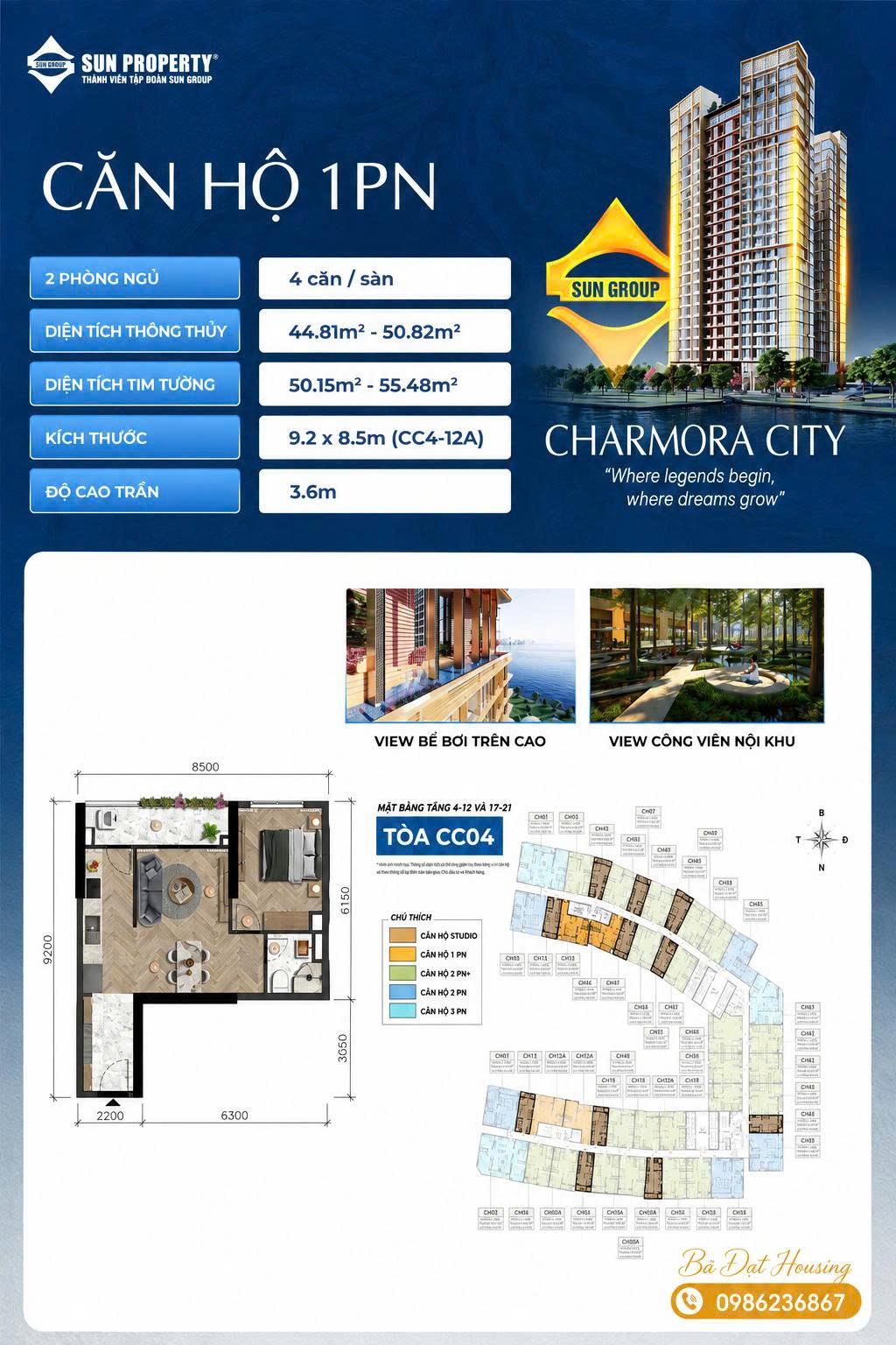 Thiết kế Layout căn hộ 1PN Charmora City Nha Trang