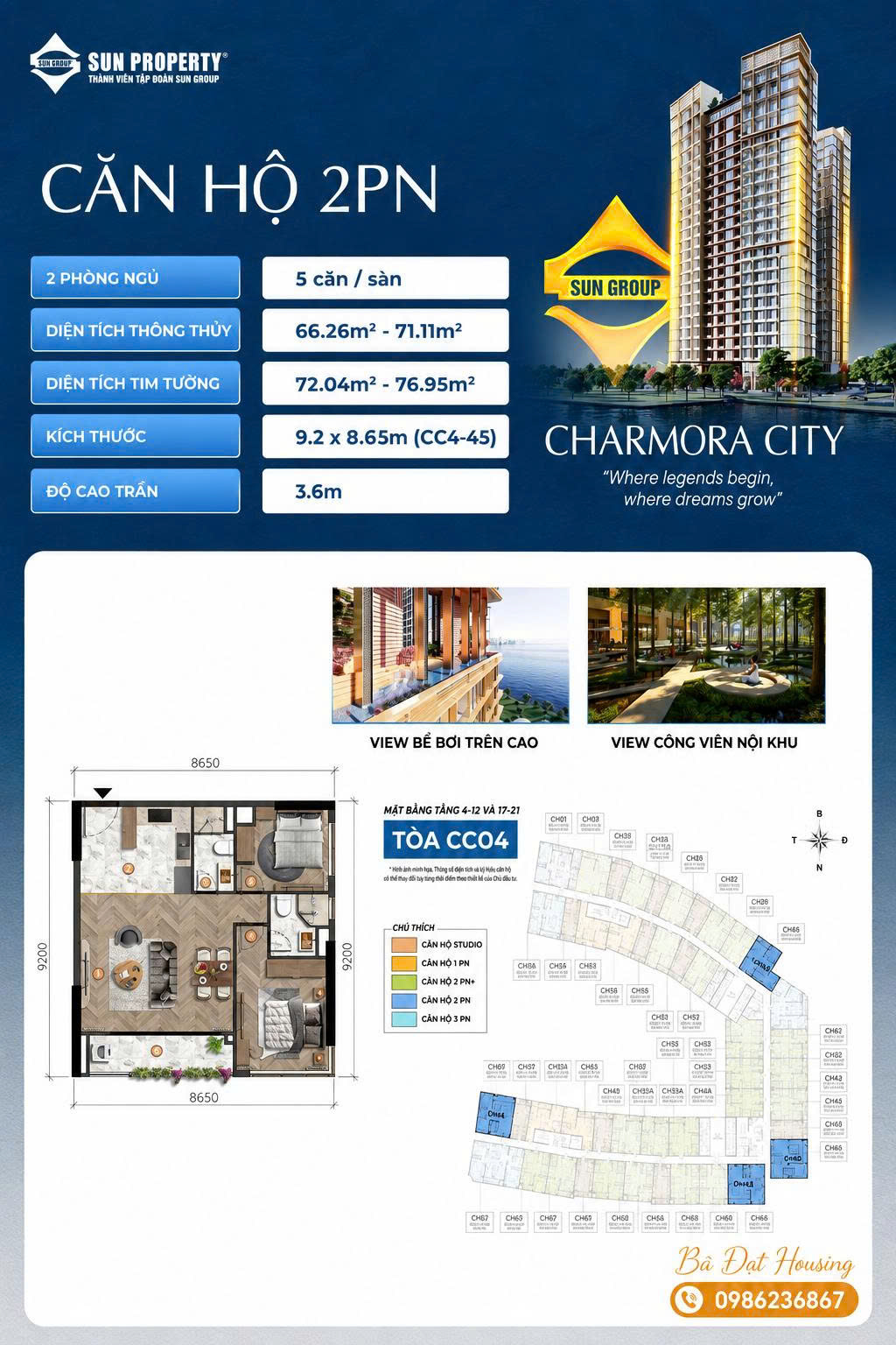 Thiết kế Layout căn hộ 2PN Charmora City Nha Trang