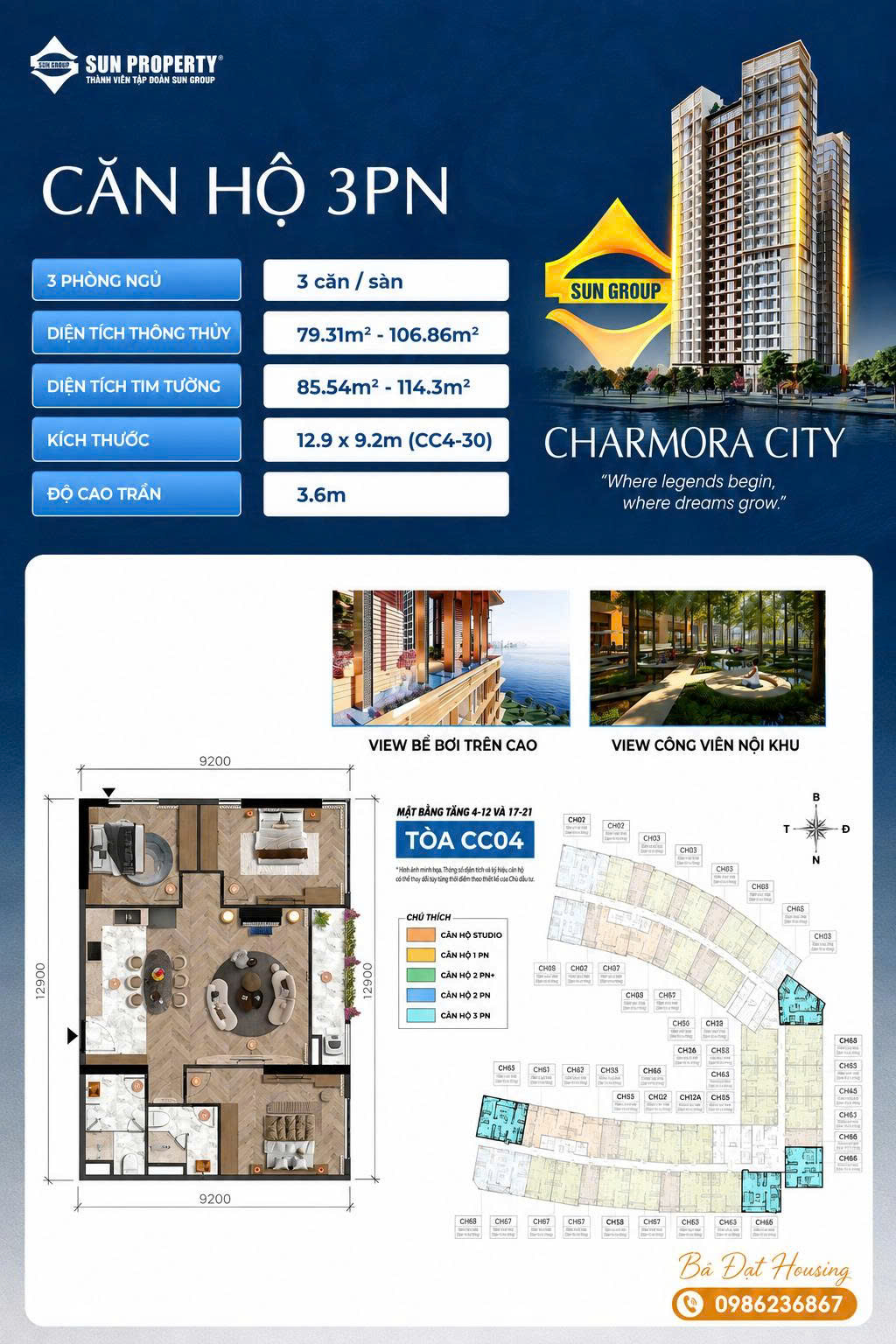 Thiết kế Layout căn hộ 3PN Charmora City Nha Trang
