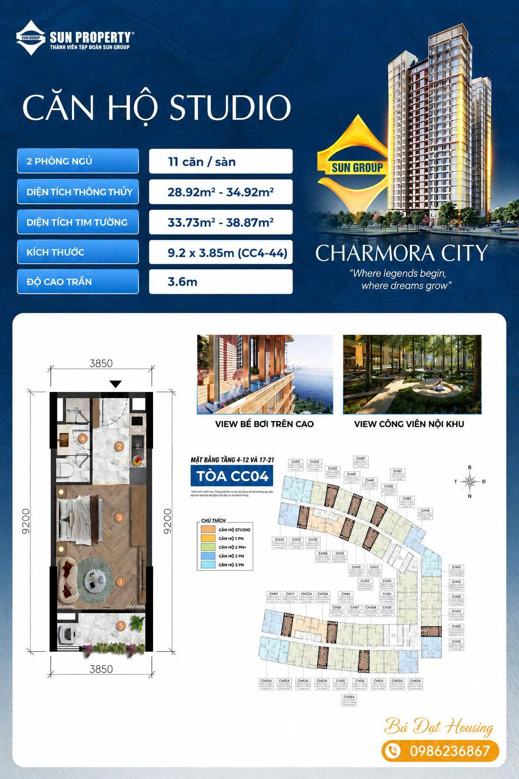Thiết kế layout căn hộ Studio The Charm Charmora City Nha Trang