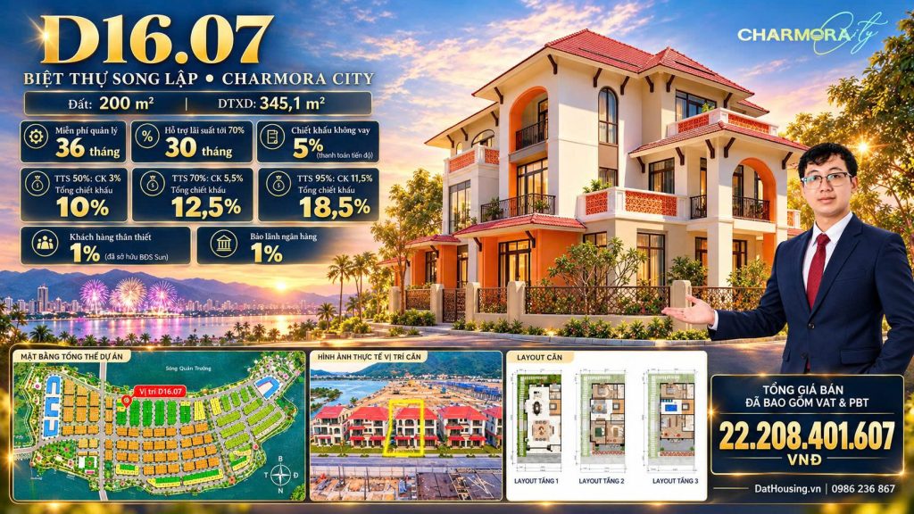 Biệt thự D16.07 Charmora City: Căn Song lập đẹp: 200m² tại Elite Island