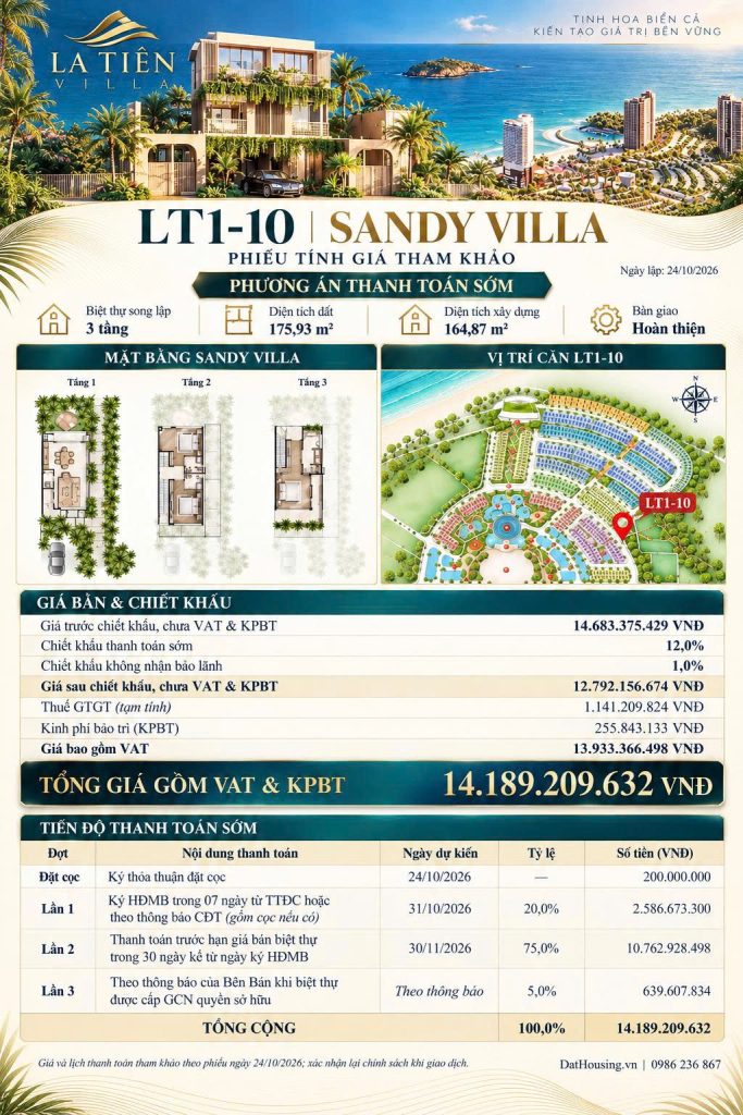 La Tiên Villa LT1-10 - Sandy Villa - Phương án thanh toán sớm